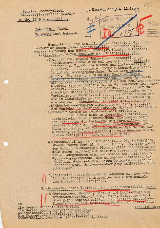 Rundverfügung der Geheimen Staatspolizei Kassel  die bei der "Protestaktion" gegen die Juden sichergestellten Sachwerte betreffend, 30. November 1938