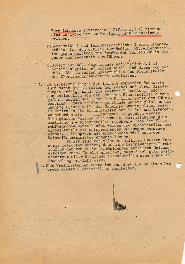 Rundverfügung der Geheimen Staatspolizei Kassel  die bei der "Protestaktion" gegen die Juden sichergestellten Sachwerte betreffend, 30. November 1938