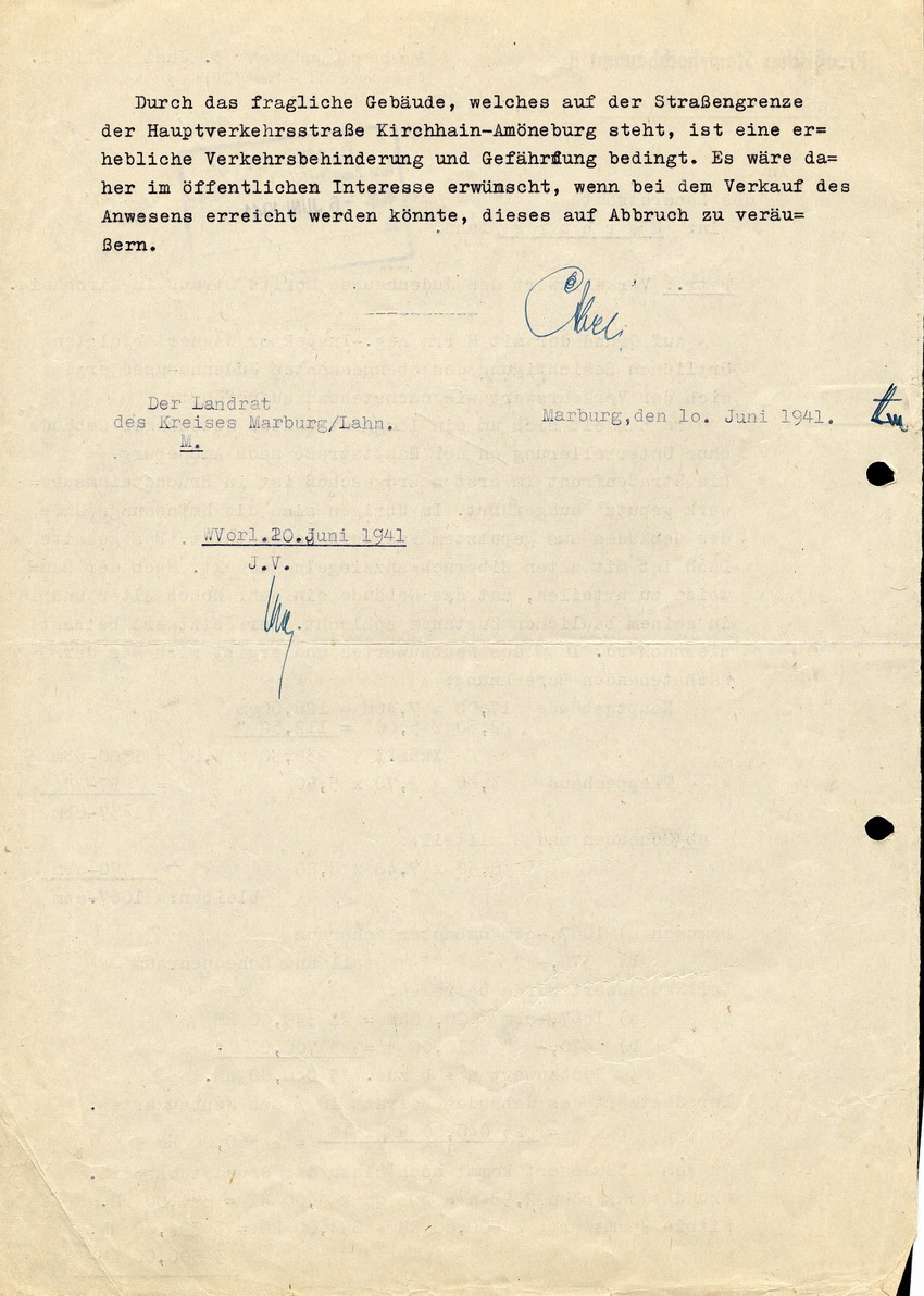 Abschätzung des Preußischen Staatshochbauamts II in Marburg für das Landratsamt in Marburg betreffend Wert des Hauses des Juden Moritz Strauß in Kirchhain, 3. Juni 1941.