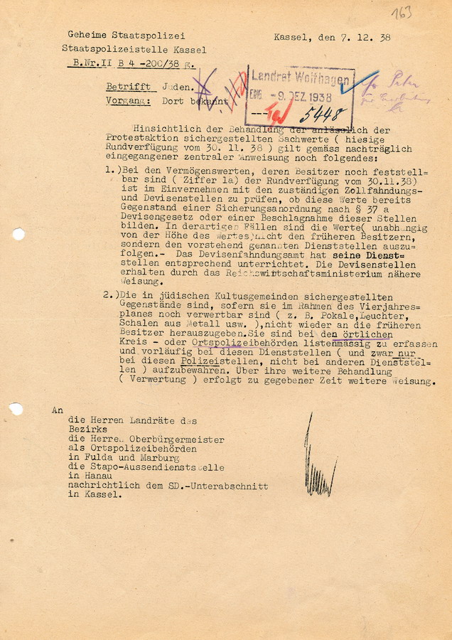 Schreiben der Geheimen Staatspolizei Kassel zwecks näherer Bestimmung der Rundverfügung vom 30.11.1938 die sichergestellten Sachwerte betreffend, 7. Dezember 1938