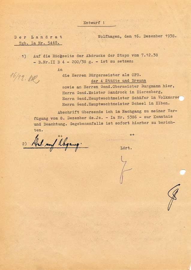 Schreiben der Geheimen Staatspolizei Kassel zwecks näherer Bestimmung der Rundverfügung vom 30.11.1938 die sichergestellten Sachwerte betreffend, 7. Dezember 1938