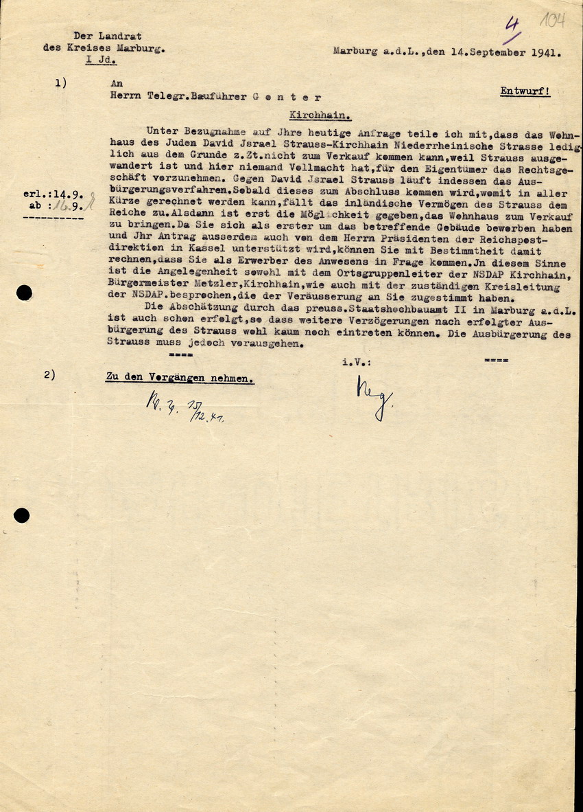 Schreiben des Landrats in Marburg an Telegr. Bauführer Gonther betreffend Verkauf des Hauses des Juden David Strauss in Kirchhain, 14. September 1941.