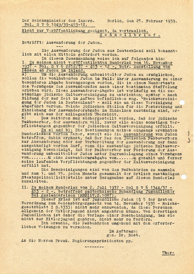Vertrauliches Schreiben des Reichsministers des Innern die Förderung der "Auswanderung" der Juden betreffend, 25. Februar 1939