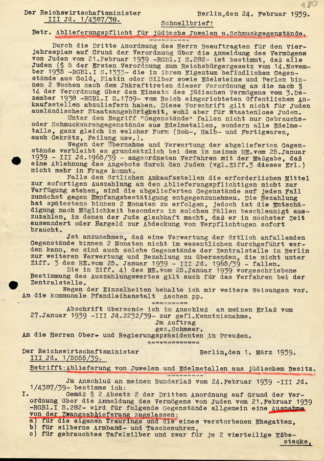 Schnellbrief des Reichswirtschaftsministers des Innern aus Berlin die Ablieferungspflicht für Juwelen und Schmuckgegenstände betreffend, 24. Februar 1939