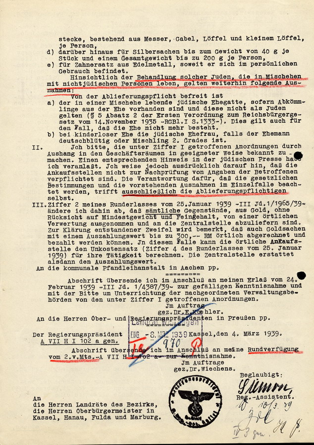 Schnellbrief des Reichswirtschaftsministers des Innern aus Berlin die Ablieferungspflicht für Juwelen und Schmuckgegenstände betreffend, 24. Februar 1939