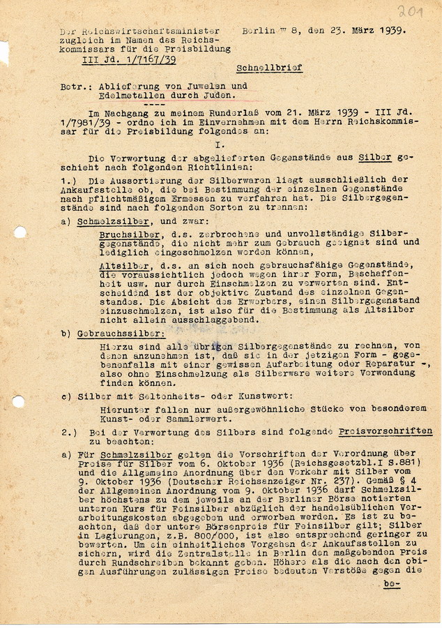 Schnellbrief des Reichswirtschaftsministers die Ablieferung von Juwelen und Edelmetallen durch Juden betreffend, 23. März 1939