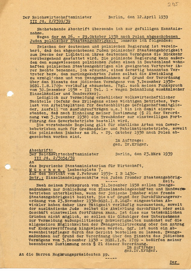 Schreiben des Reichswirtschaftsministers aus Berling bezüglich der nach Polen abgeschobenen Juden polnischer Staatsangehörigket, 12. April 1939