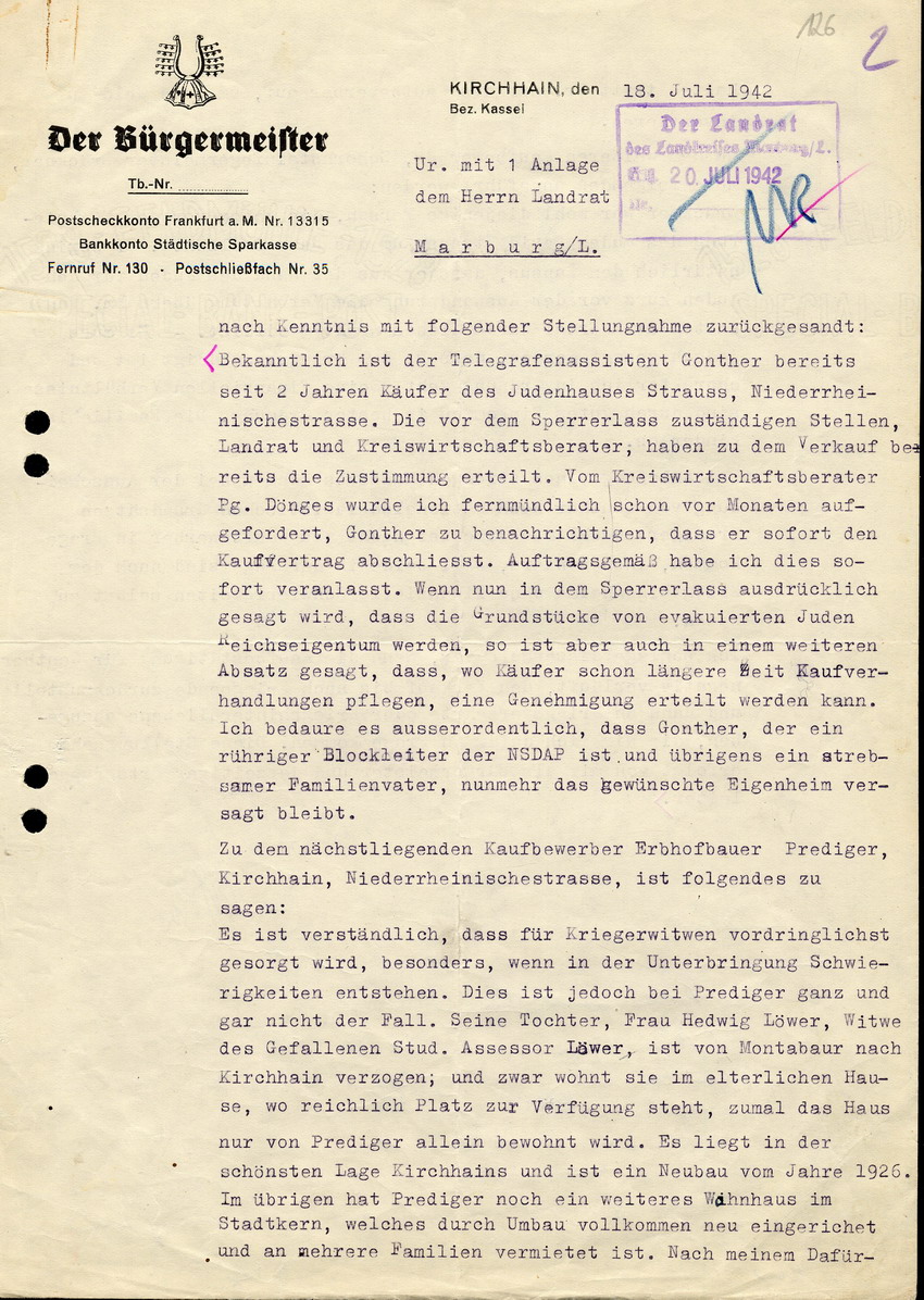 Schreiben des Bürgermeisters von Kirchhain Metzler an den Landrat in Marburg betreffend Interessenten für den Kauf des Hauses von David Strauss, 18. Juli 1942.