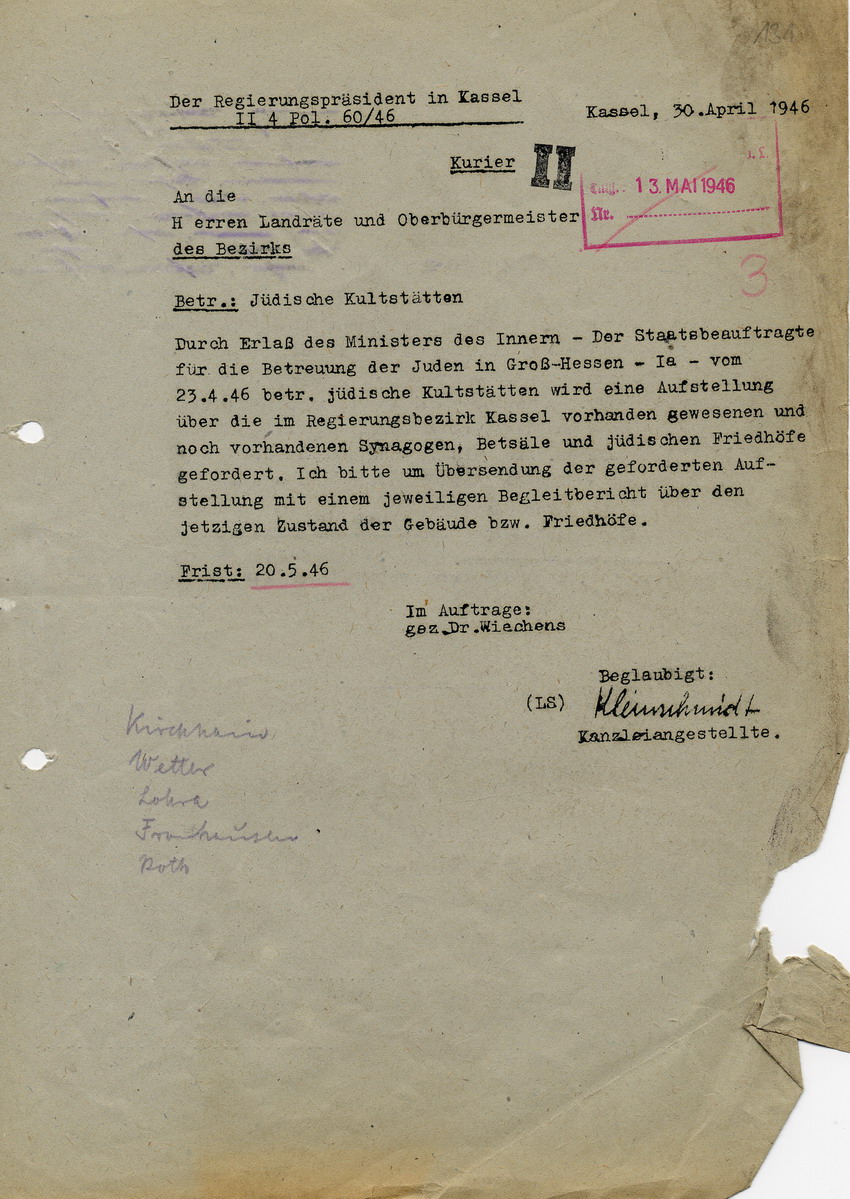 Verfügung des Regierungspräsidenten in Kassel betreffend Aufstellung über die vorhanden gewesenen und noch vorhandenen Synagogen, Betsäle und jüdischen Friedhöfe, 30. April 1946.