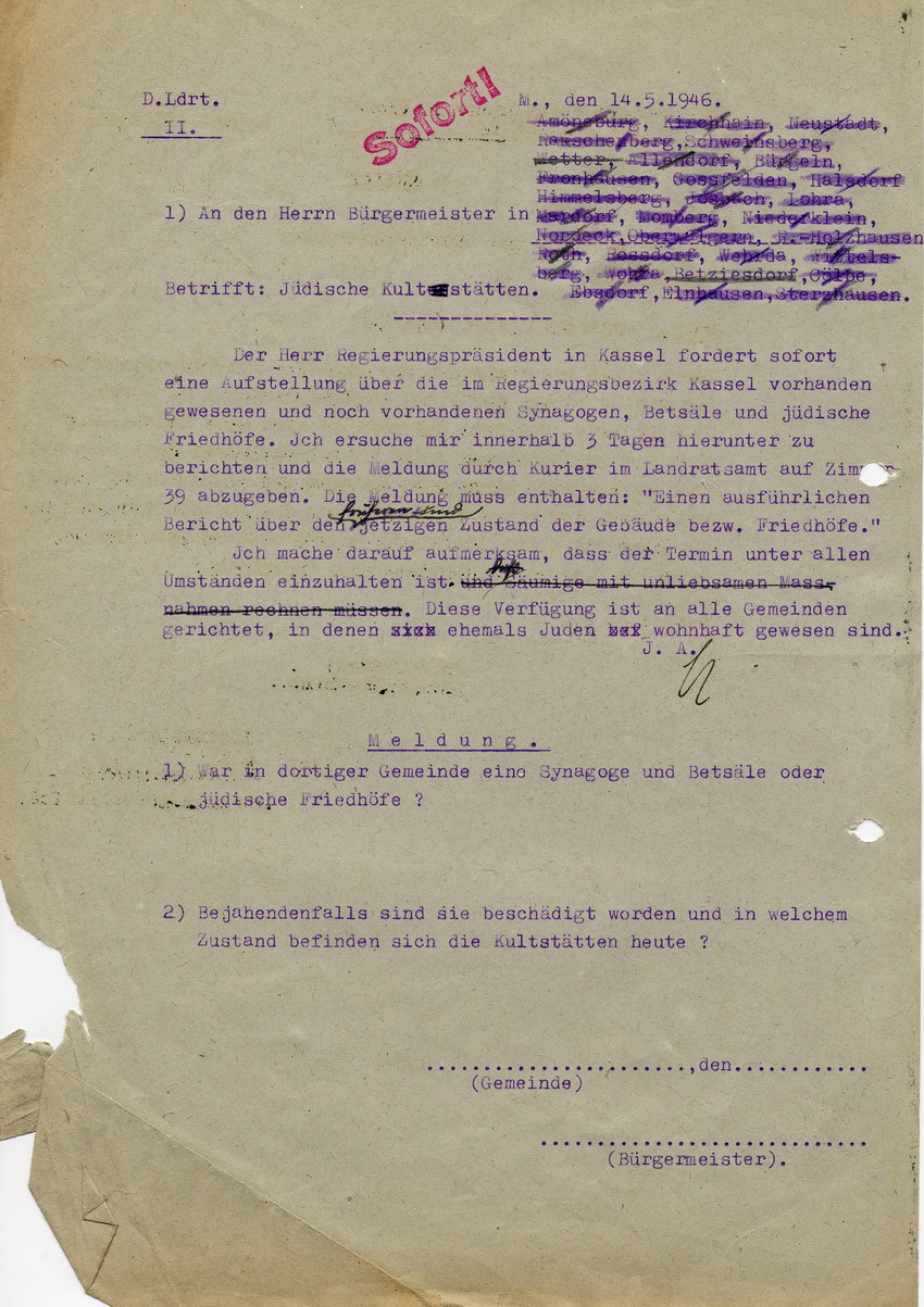 Verfügung des Regierungspräsidenten in Kassel betreffend Aufstellung über die vorhanden gewesenen und noch vorhandenen Synagogen, Betsäle und jüdischen Friedhöfe, 30. April 1946.