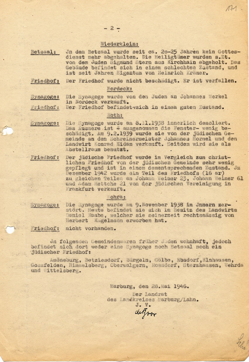 Aufstellung über die im Landkreis Marburg/Lahn vorhanden gewesenen und noch vorhandenen Synagogen, Betsäle und jüdischen Friedhöfe, 28. Mai 1946.