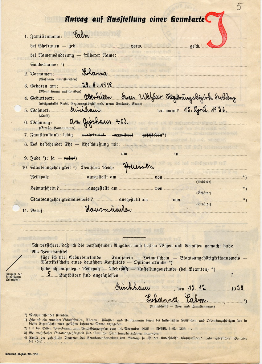 Antrag auf Ausstellung einer Kennkarte in Kirchhain von Johanna Calm, 15 Dezember 1938