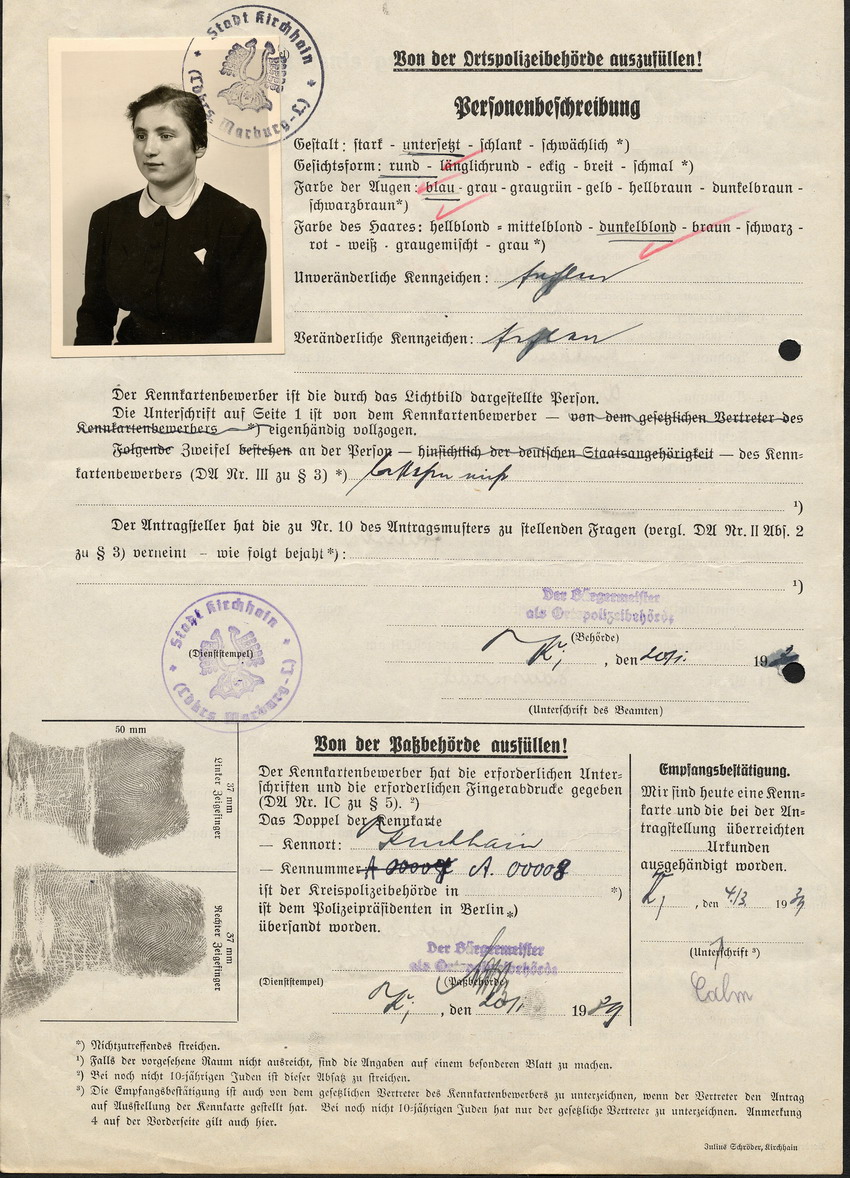 Antrag auf Ausstellung einer Kennkarte in Kirchhain von Johanna Calm, 15 Dezember 1938