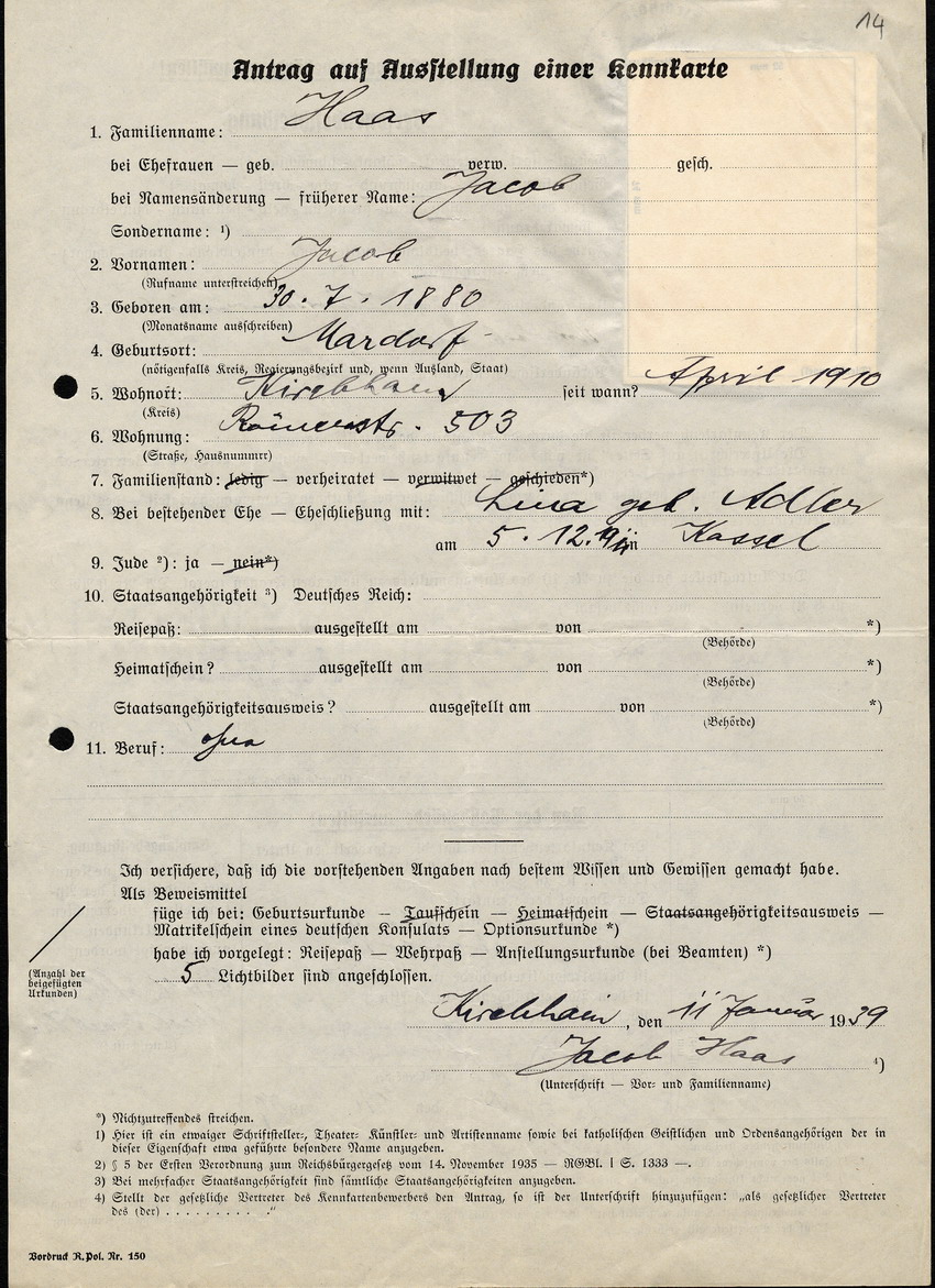 Antrag auf Ausstellung einer Kennkarte in Kirchhain von Jakob Haas, 15 Dezember 1938