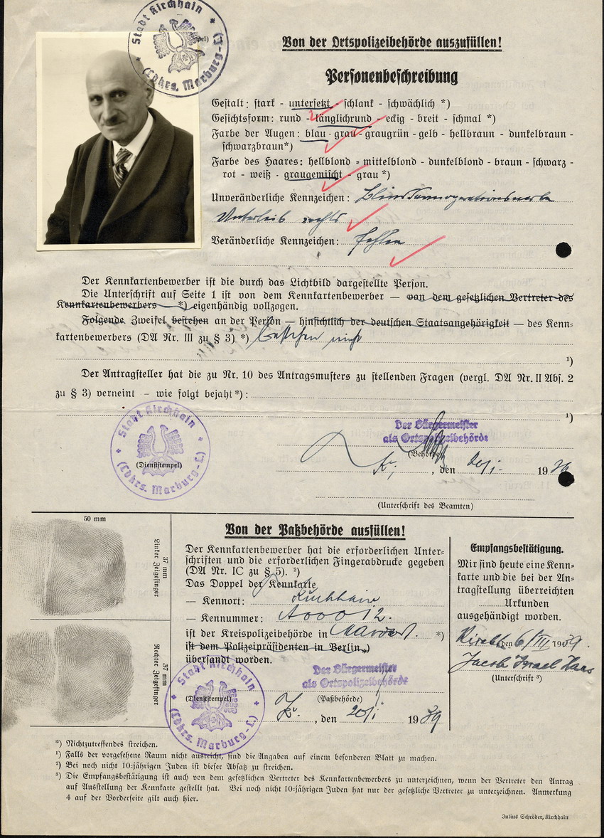 Antrag auf Ausstellung einer Kennkarte in Kirchhain von Jakob Haas, 15 Dezember 1938