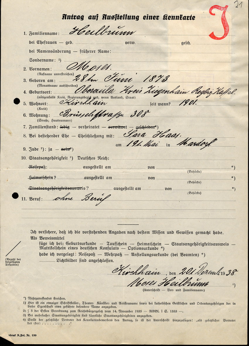 Antrag auf Ausstellung einer Kennkarte in Kirchhain von Moses Heilbrunn, 20 Dezember 1938