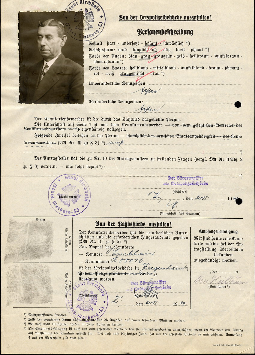 Antrag auf Ausstellung einer Kennkarte in Kirchhain von Moses Heilbrunn, 20 Dezember 1938