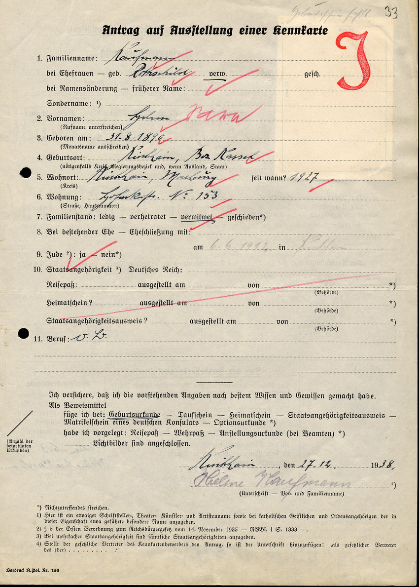 Antrag auf Ausstellung einer Kennkarte in Kirchhain von Helene Kaufmann, 27 Dezember 1938