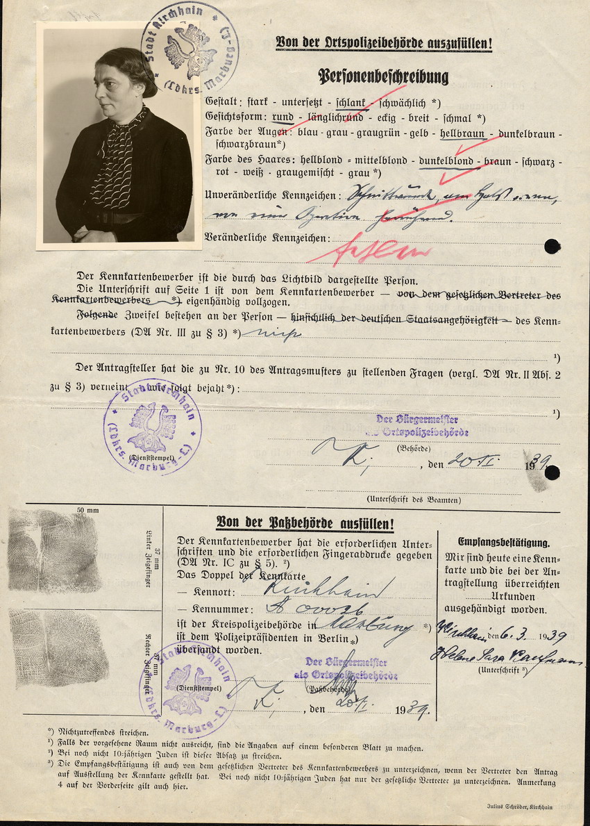 Antrag auf Ausstellung einer Kennkarte in Kirchhain von Helene Kaufmann, 27 Dezember 1938
