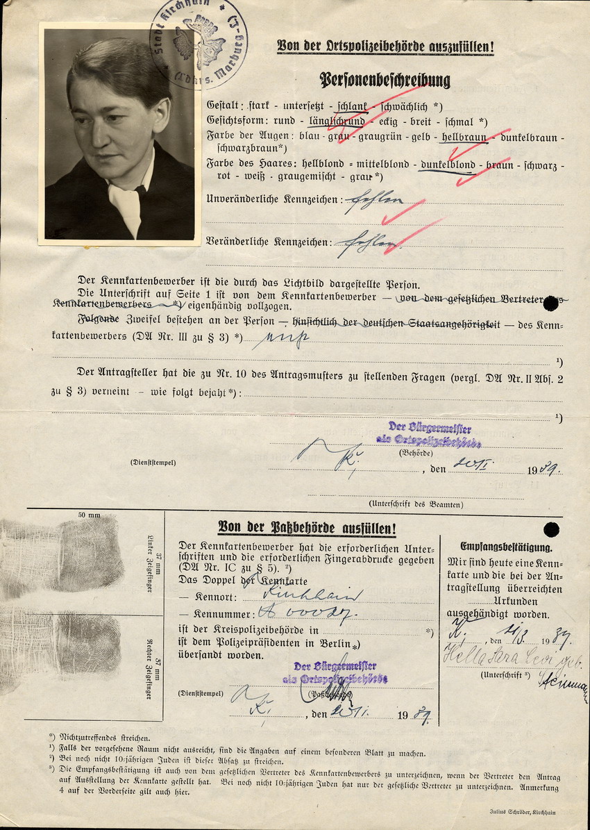 Antrag auf Ausstellung einer Kennkarte in Kirchhain  von Hella Levi, 16 Dezember 1938