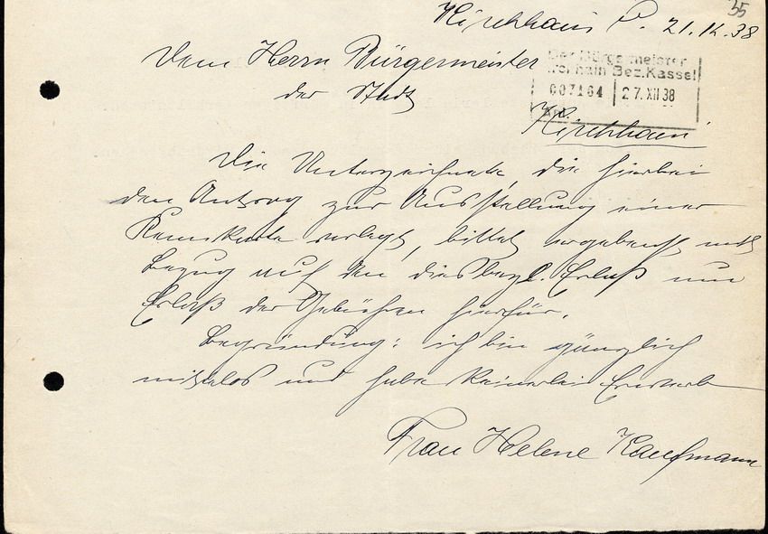 Brief der Hielene Kaufmann an den Bürgermeister der Stadt Kirchhain, wegen der Bitte um Erlassung einer Verwaltungsgebühr, 21 Dezember 1938