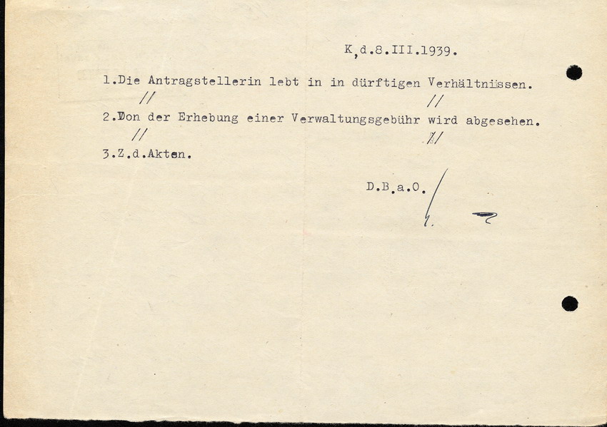 Brief der Hielene Kaufmann an den Bürgermeister der Stadt Kirchhain, wegen der Bitte um Erlassung einer Verwaltungsgebühr, 21 Dezember 1938