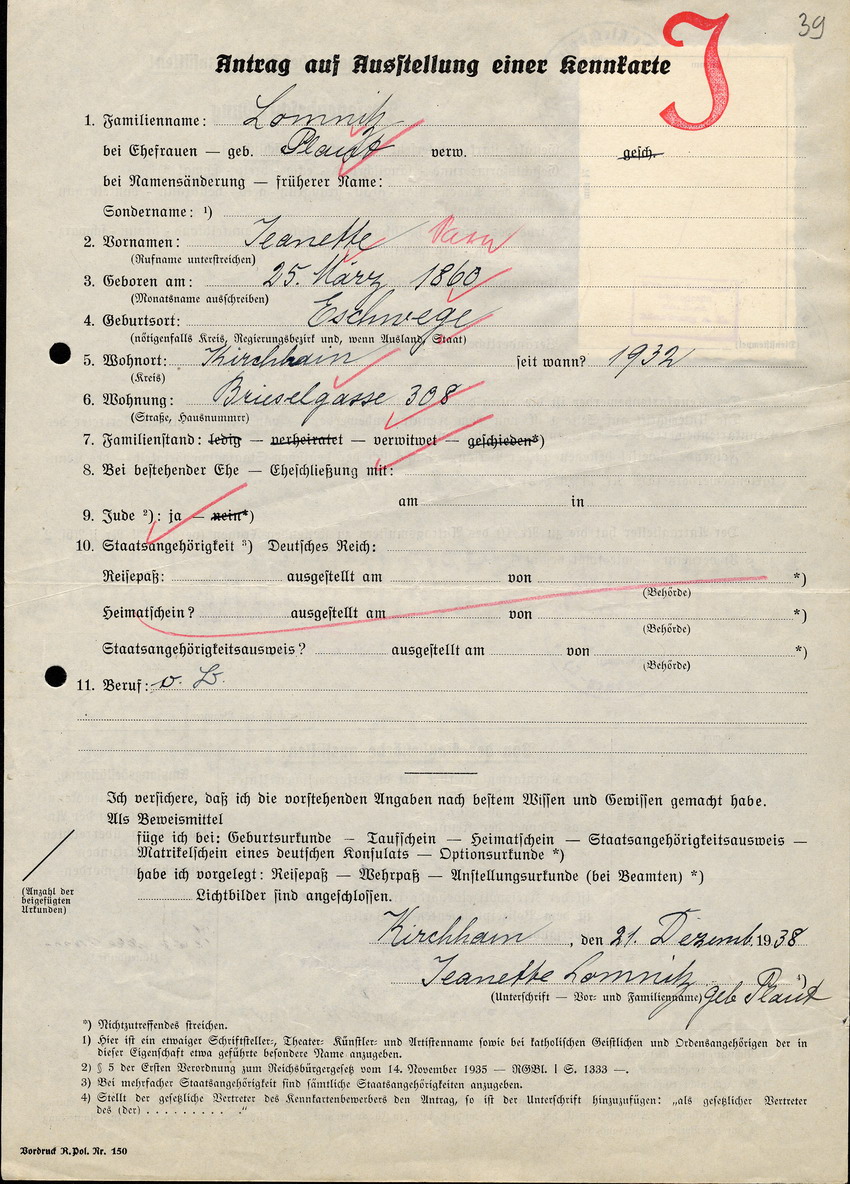 Antrag auf Ausstellung einer Kennkarte von Jeanette Lomnitz, geb. Plaut, in Kirchhain vom 21. Dezember 1938
