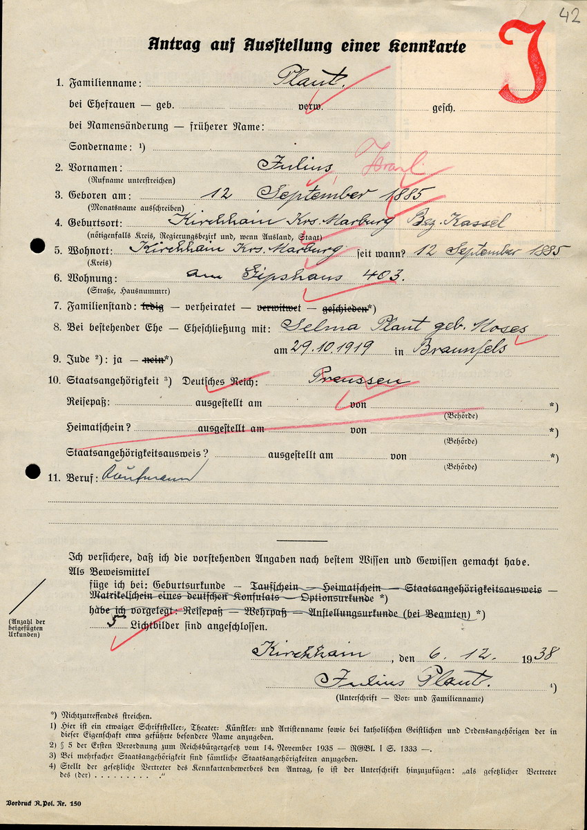 Antrag auf Ausstellung einer Kennkarte von Julius Plaut in Kirchhain, 6 Dezember 1938