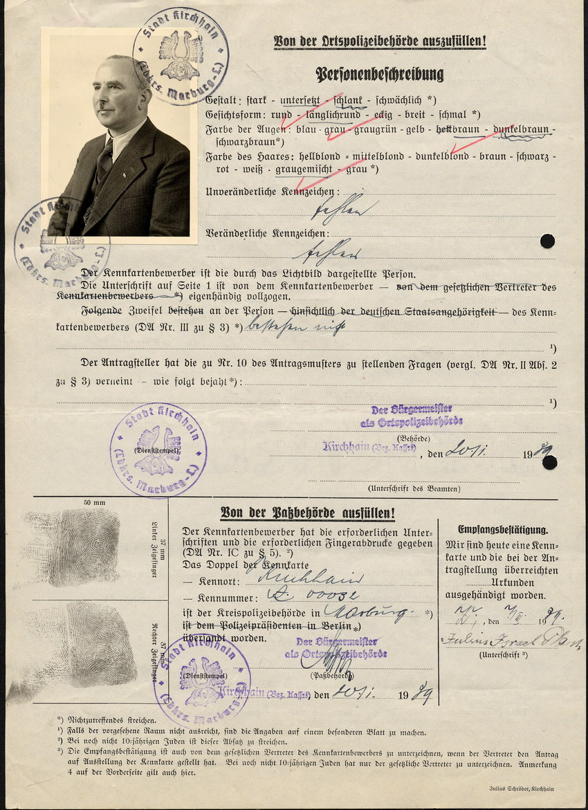 Antrag auf Ausstellung einer Kennkarte von Julius Plaut in Kirchhain, 6 Dezember 1938