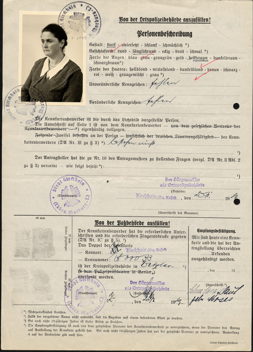 Antrag auf Ausstellung einer Kennkarte von Selma Plaut geb. Moses in Kirchhain, 20 Dezember 1938