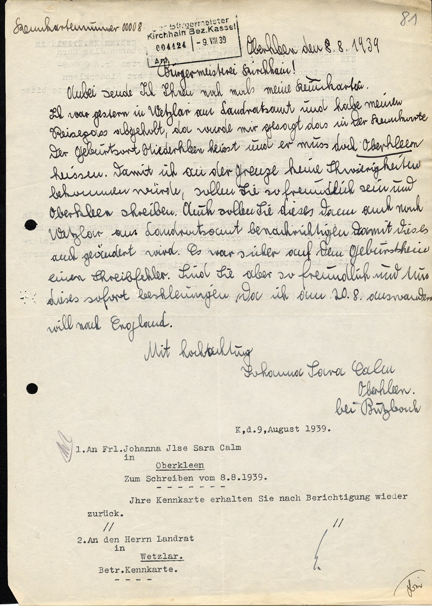 Brief der Johanna Calm an das Bürgermeisteramt, wegen der Berichtigung einer Kennkarte zwecks Auswanderung nach England, 8 August 1939
