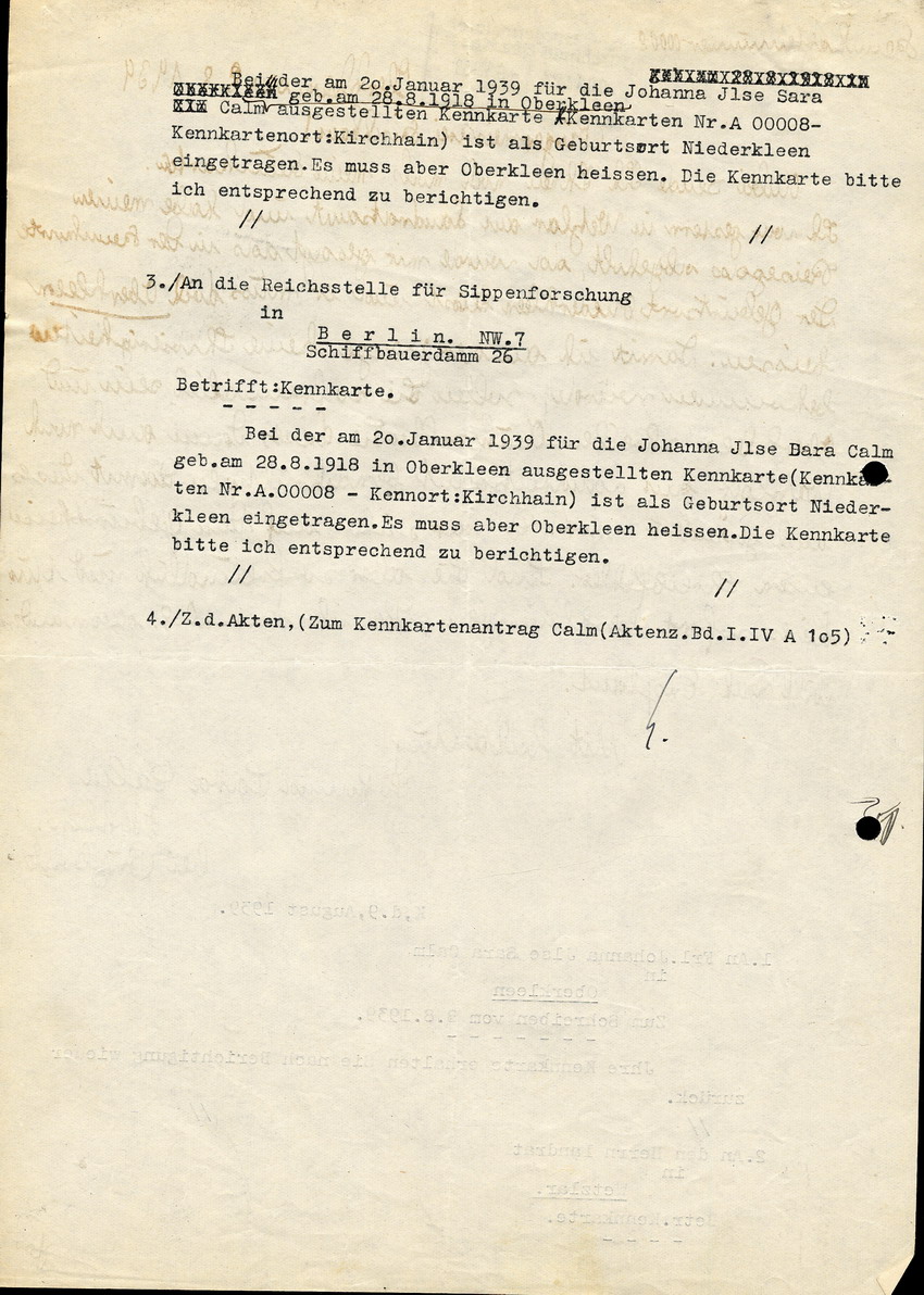 Brief der Johanna Calm an das Bürgermeisteramt, wegen der Berichtigung einer Kennkarte zwecks Auswanderung nach England, 8 August 1939