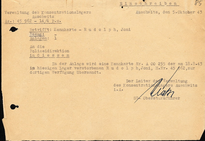 Rücksendung der Kennkarte von Joni Rudolph, die am 18. August 1943 in Auschwitz ermordet wurde.