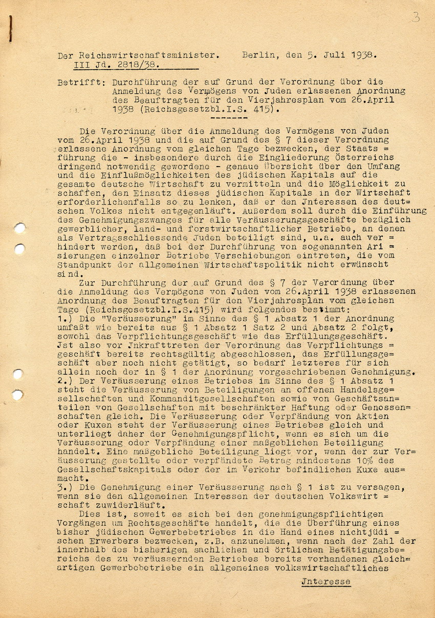 Durchführungsverordnung des Reichswirtschaftsministers Walther Funk betreffend Anmeldung des Vermögens von Juden, 5. Juli 1938.