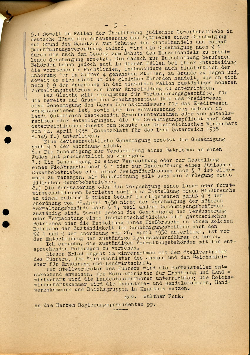 Durchführungsverordnung des Reichswirtschaftsministers Walther Funk betreffend Anmeldung des Vermögens von Juden, 5. Juli 1938.
