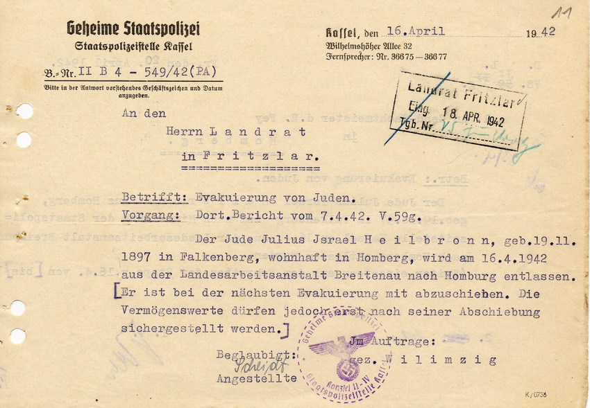 Schreiben der GeStaPo Kassel an den Landrat in Fritzlar. Julius Heilbronn wird aus der Landesarbeitsanstalt entlassen soll deportiert werden, 16. April 1942