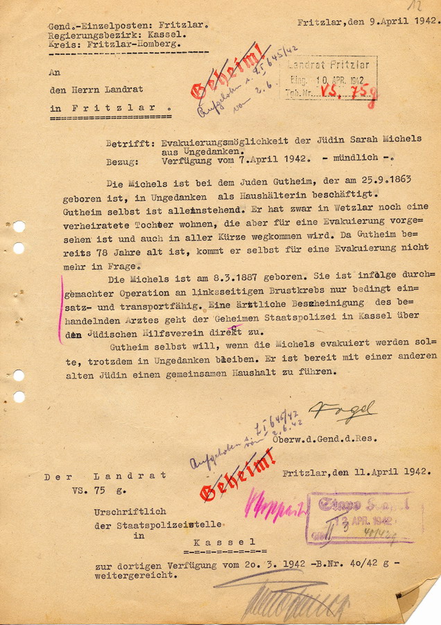Geheimes Schreiben des Gendarmerie-Einzelpostens Fritzlar an den Landrat in Fritzlar. Sarah Michels aus Ungedanken ist nur bedingt transport- und lagerfähig, 9. April 1942.