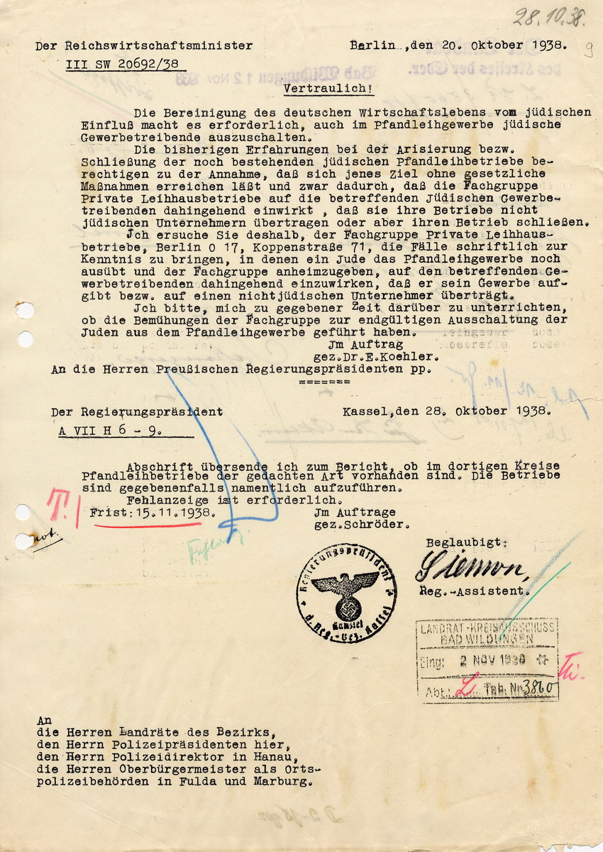 Vertrauliches Schreiben des Reichswirtschaftsministers betreffend Ausschluß von Juden aus dem Pfandleihgewerbe, 20. Oktober 1938.