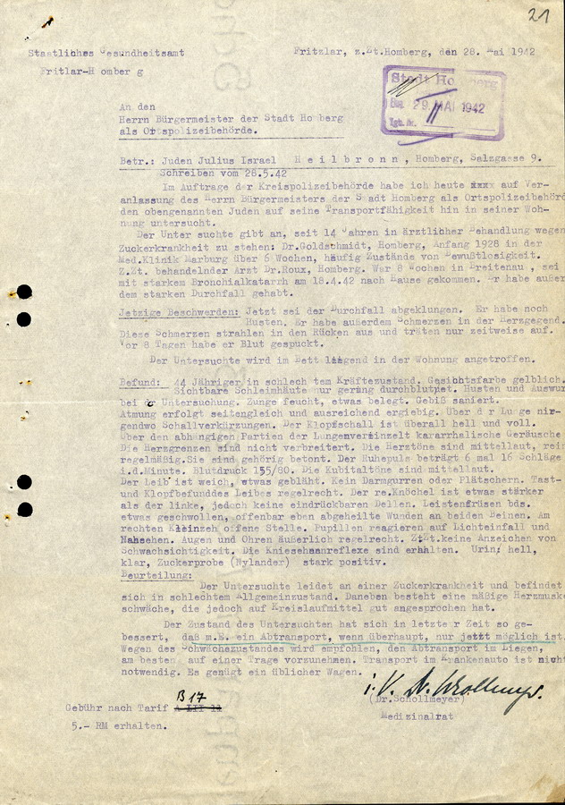 Attest des Staatlichen Gesundheitsamts in Fritzlar-Homberg an den Bürgermeister der Stadt Homberg. Transport von Julius Heilbronn, 28. Mai 1942
