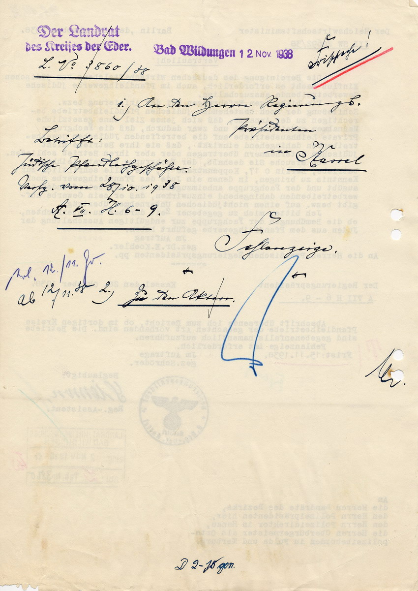 Antwortschreiben des Landrats in Bad Wildungen an den Regierungspräsidenten in Kassel betreffend jüdische Gewerbetreibende im Pfandleihgewerbe, 12. November 1938.