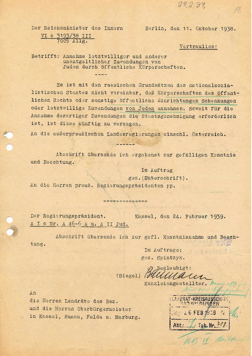 Vertrauliches Schreiben des Reichsministers des Innern betreffend Verbot der Annahme jüdischer Schenkungen durch öffentliche Einrichtungen, 11. Oktober 1938.