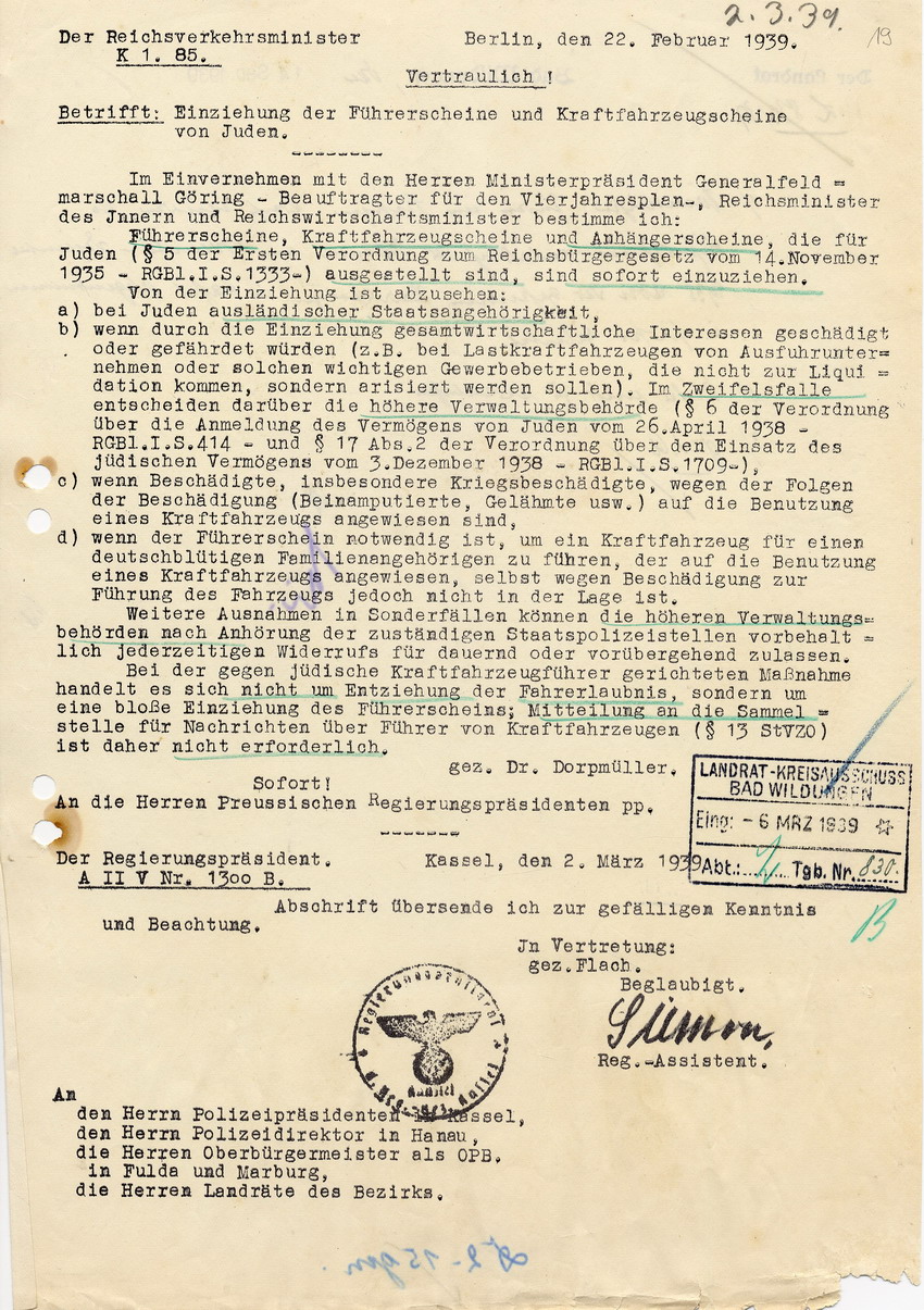 Vertrauliches Schreiben des Reichsverkehrsministers Dorpmüller betreffend Einziehung der Führerscheine, Kraftfahrzeugscheine und Anhängerscheine von Juden, 22. Februar 1939.