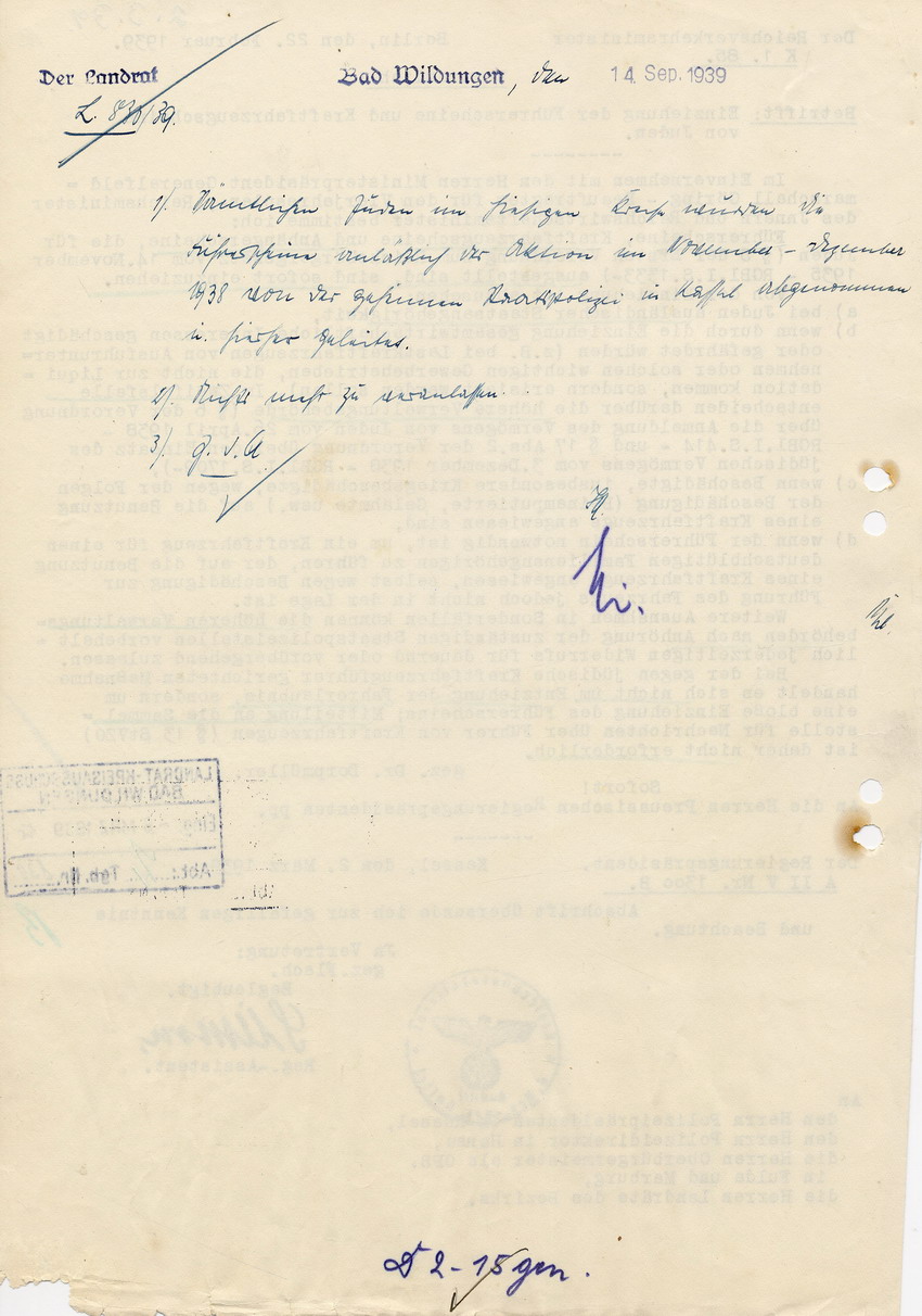 Aktenvermerk des Landrats in Bad Wildungen betreffend bereits geschehene Einziehung der Führerscheine im dortigen Kreis im November und Dezember 1938 durch die Geheime Staatspolizei in Kassel, 14. September 1939.