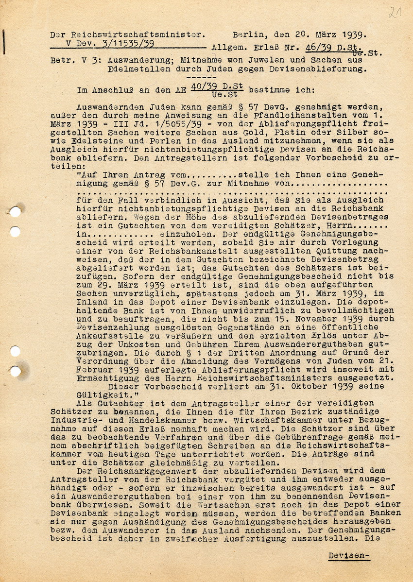Schreiben des Reichswirtschaftsministers betreffend Mitnahme von Juwelen und Gegenständen aus Edelmetallen durch auswandernde Juden gegen Devisenablieferung, 20. März 1939.
