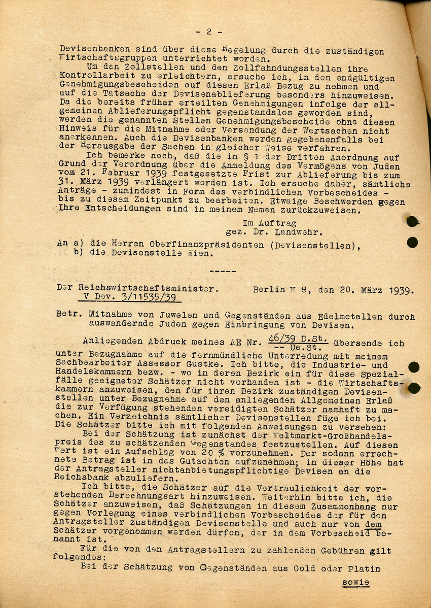 Schreiben des Reichswirtschaftsministers betreffend Mitnahme von Juwelen und Gegenständen aus Edelmetallen durch auswandernde Juden gegen Devisenablieferung, 20. März 1939.