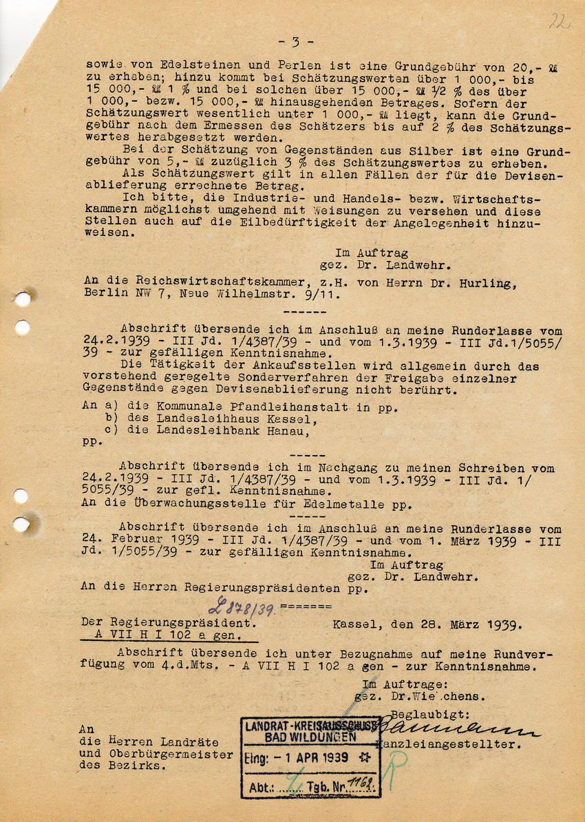 Schreiben des Reichswirtschaftsministers betreffend Mitnahme von Juwelen und Gegenständen aus Edelmetallen durch auswandernde Juden gegen Devisenablieferung, 20. März 1939.