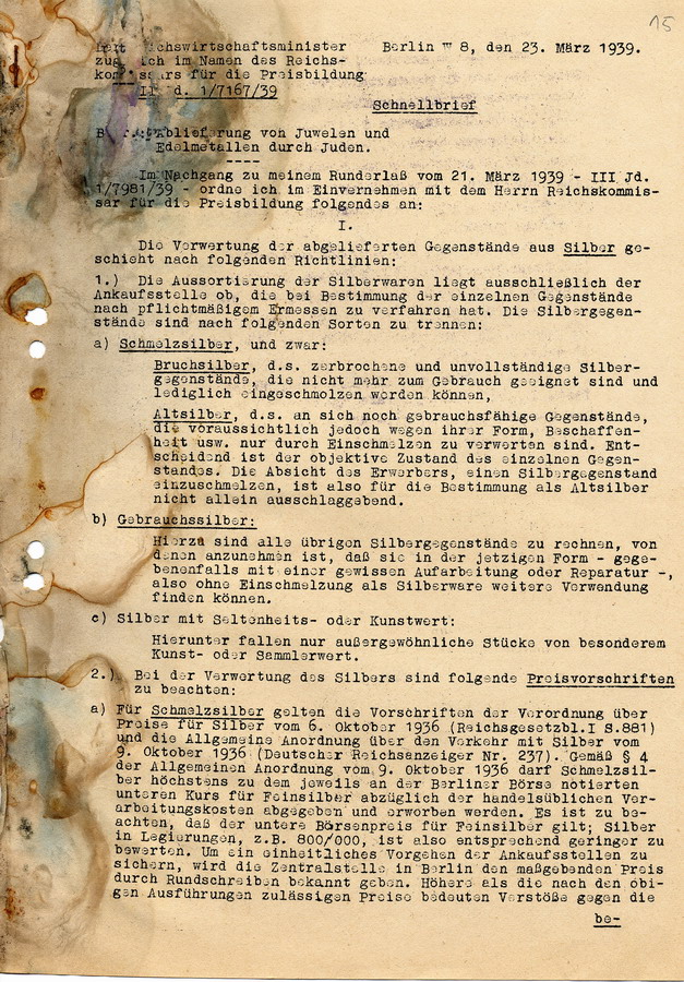 Schreiben des Reichswirtschaftsminister an die Regierungspräsidenten. Ablieferung von Edelmetallen und Juwelen, 23. März 1939