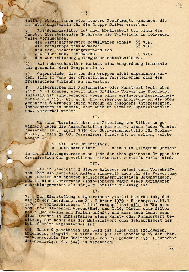 Schreiben des Reichswirtschaftsminister an die Regierungspräsidenten. Ablieferung von Edelmetallen und Juwelen, 23. März 1939