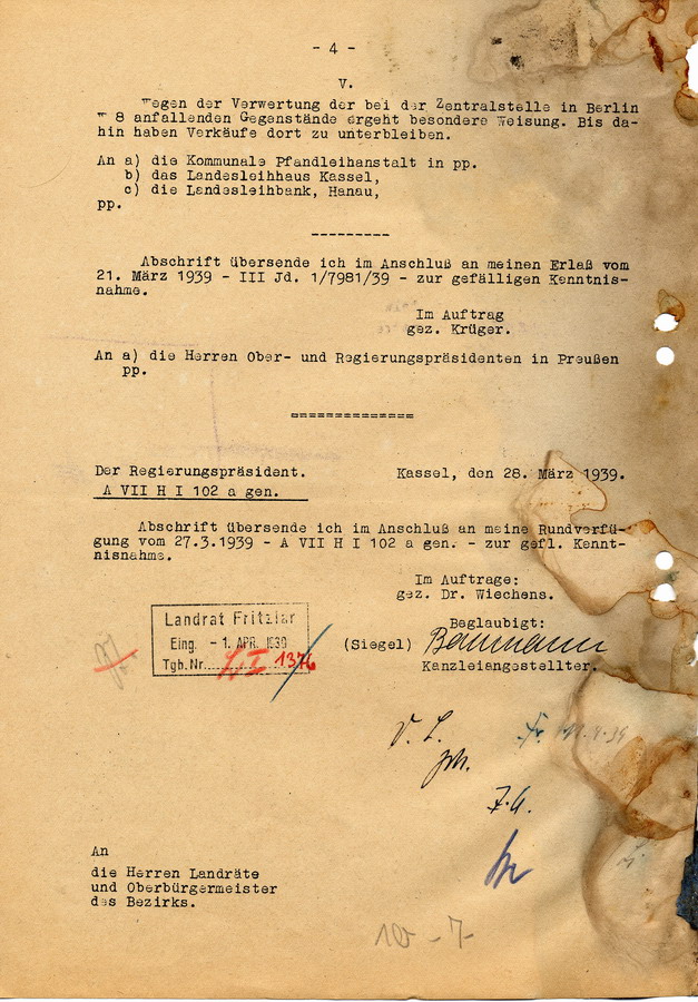 Schreiben des Reichswirtschaftsminister an die Regierungspräsidenten. Ablieferung von Edelmetallen und Juwelen, 23. März 1939