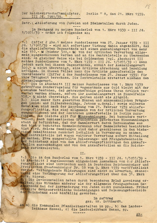 Nachtrag des Reichwirtschaftsministers zu seinem Rundschreiben vom 1. März 1939 an die Regierungspräsidenten. Ablieferung von Edelmetallen und Juwelen, 21. März 1939